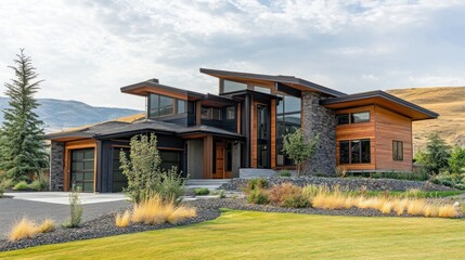 Modern farmhouse-style luxury home with a blend of wood and metal, rolling hills in the background