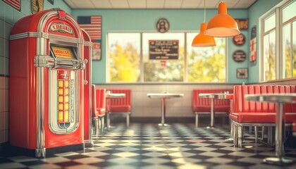 Interior diner retro style floor is covered black Vintage Diner