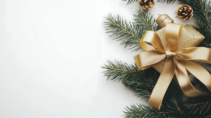 Golden Bow and Pine Branches on White Background