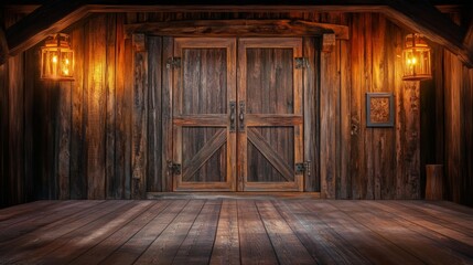 Old wooden door rustic room floor is made Wild West Saloon Stage