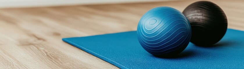 Blue and Black Exercise Balls on a Vibrant Yoga Mat in a Stylish Home Workout Space, Perfect for Fitness Enthusiasts and Yoga Practitioners