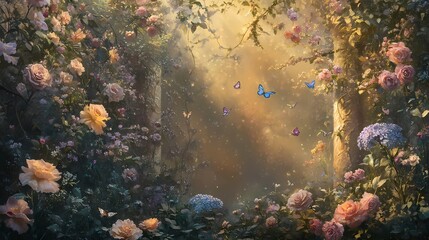 Obraz premium Fairy-tale garden filled with radiant flowers, iridescent butterflies, wisteria-covered arches, and glowing insects, creating a peaceful, timeless scene. 