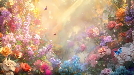 Naklejka premium Lush, otherworldly garden with colorful, gem-like flowers, dewdrop patterns, and mystical creatures, bathed in a dreamlike golden glow. 