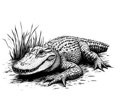 recommend clip art: Black and white clipart, coloring book style, alligator laying on the ground on white