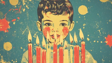 Illustration of a young boy lighting candles in a festive celebration