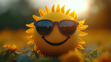 A Smiling Sun Wearing Sunglasses in a Field of Yellow Flowers