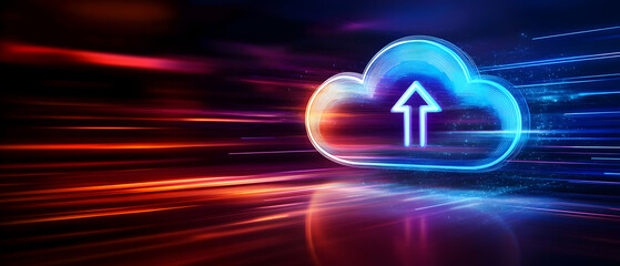 Futuristic cloud computing graphic with vibrant colors and dynamic motion, symbolizing data transfer and connectivity.