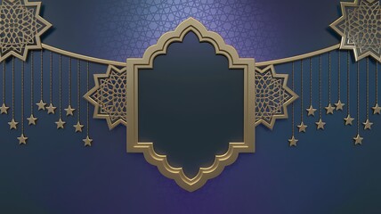 Golden Islamic Ornament Frame with Hanging Stars on Blue Background