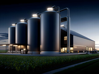 Modern industrial facility at twilight featuring large silos and sleek design, representing innovation in manufacturing.