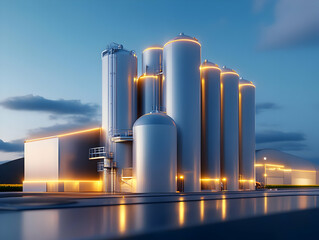 Modern industrial facility featuring large silos and clean lines, illuminated by soft evening light.