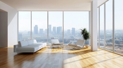 Fototapeta premium Modern Minimalist Living Room with Panoramic Windows Showcasing Urban City Skyline, Natural Light, and Stylish Furniture in a Contemporary Setting