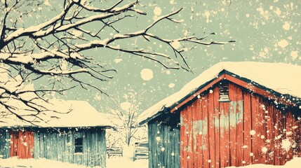 Vintage style coloring page of a winter scene featuring traditional wooden shacks and snowy tree branches