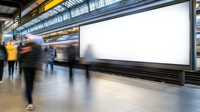 A blurred scene of a busy train station with an empty advertising billboard.