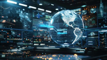 A futuristic digital globe surrounded by data screens, showcasing global information and analytics.