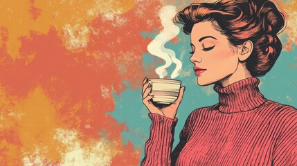 Retro illustration of a young woman in a cozy sweater holding a steaming cup against a vibrant background featuring empty space for creative expression