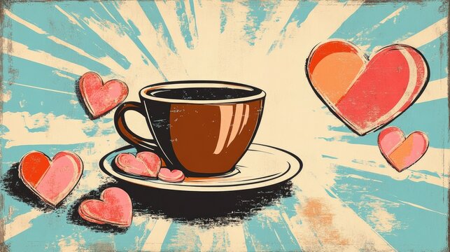 Retro illustration of a cheerful greeting card for a festive occasion A delightful arrangement featuring a cup of coffee and charming heart shaped candies