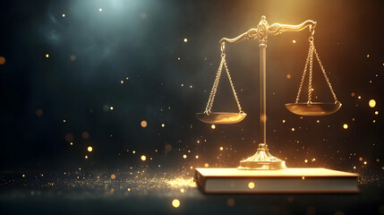 Symbolic scales of justice balanced on a book, representing law, fairness, and integrity in a dramatic atmosphere.