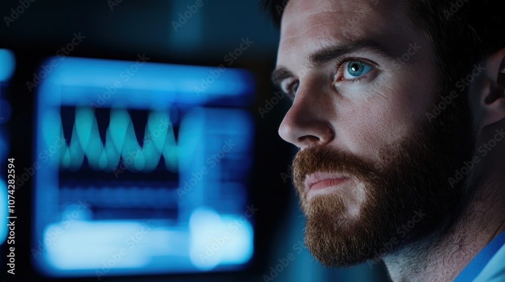 Poster a focused man observes data on a screen, displaying a mix of concentration and professionalism in a 