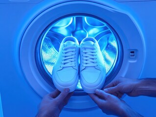 Fresh white sneakers being placed in a washing machine door.