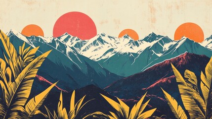 Retro coloring illustration of a stunning mountain summit with views of lush rolling hills and distant snow capped peaks