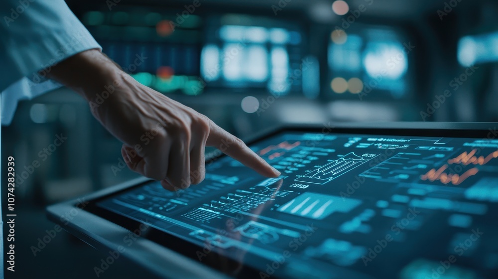 Poster a hand interacts with a digital touchscreen displaying various graphs and data, indicative of advanc