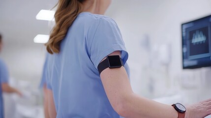 A healthcare professional in scrubs is seen from behind, wearing a monitoring device on their arm, with medical equipment visible in the background.