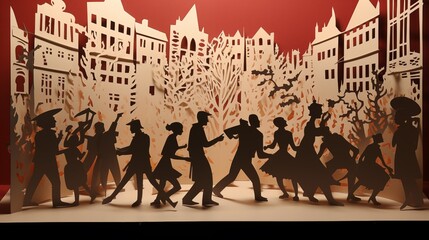 Paper cut of a new years eve street party with people,generative ai illustration