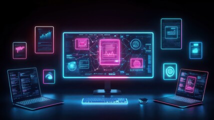 Futuristic digital workspace with glowing screens and devices.