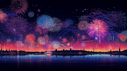 A paper cut of a new years firework show over the river,generative ai illustration