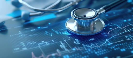 A stethoscope lies on a digital screen with blue and white lines representing medical data.