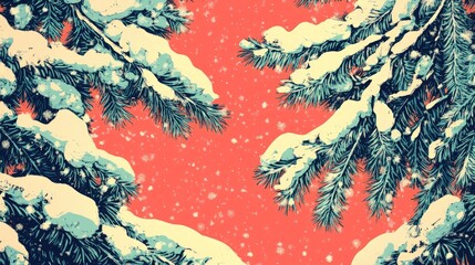 Retro coloring book illustration of snow covered coniferous tree branches