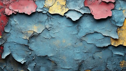 Obraz premium Close-up of Cracked and Peeling Paint on a Blue, Red, and Yellow Surface