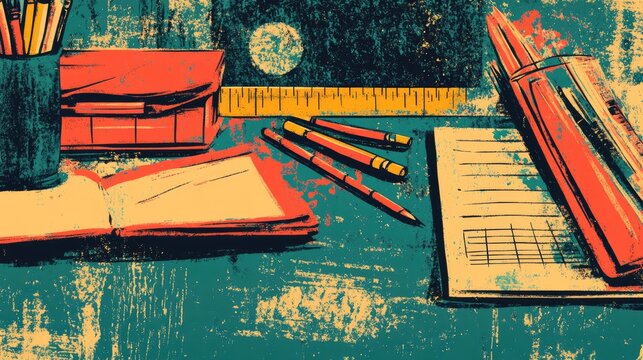 Retro illustration of school stationery on a textured surface Educational supplies theme