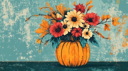 Retro illustration of a charming autumn bouquet arranged in a pumpkin perfect for coloring activities