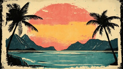 retro illustration of seaside mountains and beach vacation theme