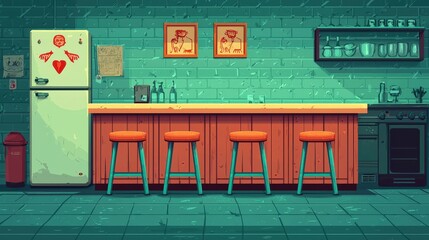 Retro Kitchen Bar Interior Illustration   Green Brick Wall  Wooden Cabinets  Bar Stools