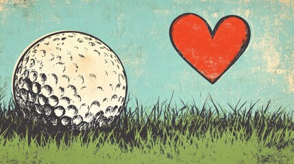 Retro coloring book illustration of a golf ball with a red heart on a grassy background for a love themed design