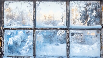 A Window Frozen Over with Icy Patterns, Revealing a Snowy Landscape Beyond