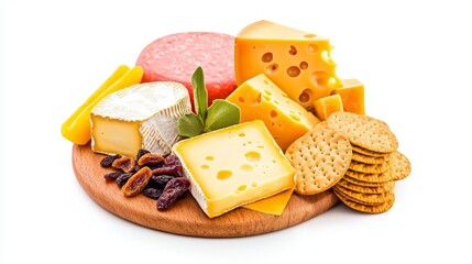 A vibrant cheese platter featuring a variety of cheeses, crackers, and dried fruits, perfect for entertaining or casual snacking.