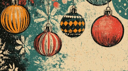 Retro illustration of crocheted holiday ornaments and festive decorations in a stylish color palette Winter themed coloring book page with ample space for creativity