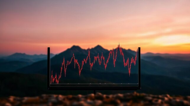 A vibrant sunset casts a warm glow over mountains, juxtaposed with a digital line graph showcasing fluctuating trends and data analysis.