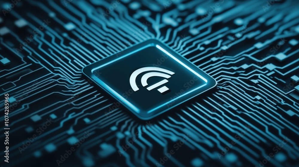 Poster High-Tech Circuit Board Close-Up Featuring Modern Icon Integrating Digital Connectivity and Innovation Representing Advanced Technology in a Futuristic Setting