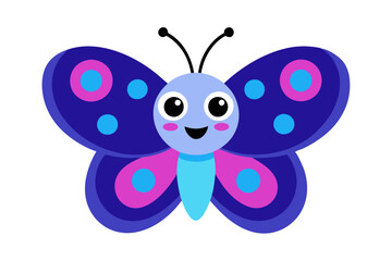 A cute butterfly die-cut sticker, digital drawing. The butterfly has a cheerful expression, with large round eyes and a small smile. The wings are vibrant with colorful patterns in shades of blue, pur