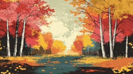 Autumn landscape illustration featuring beautifully colored trees in a forest glowing under sunlight A picturesque backdrop for coloring and nature appreciation
