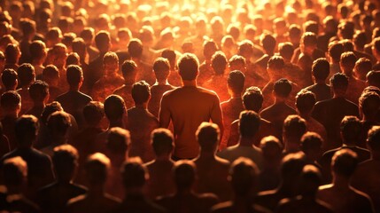 A crowd of people with one individual standing out, illuminated by warm light.