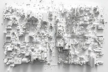 A highly detailed 3D model of a cityscape in pristine white, featuring buildings, streets, and infrastructure with intricate precision, creating a modern and minimalistic urban design without textures