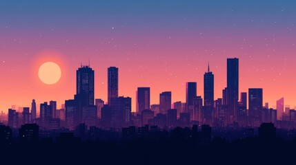 A silhouette of a cityscape at sunset with a large glowing sun.