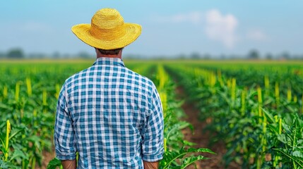 Fototapeta premium Farmer in Straw Hat Standing in a Field of Crops