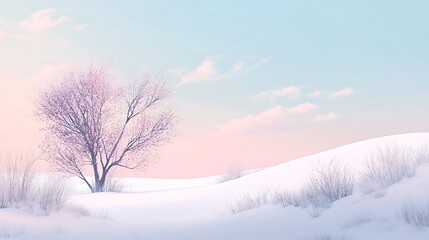 Obraz premium A Single Tree in a Snowy Landscape at Sunset