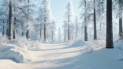 Obraz premium A Snow-Covered Path Through a Frosty Winter Forest